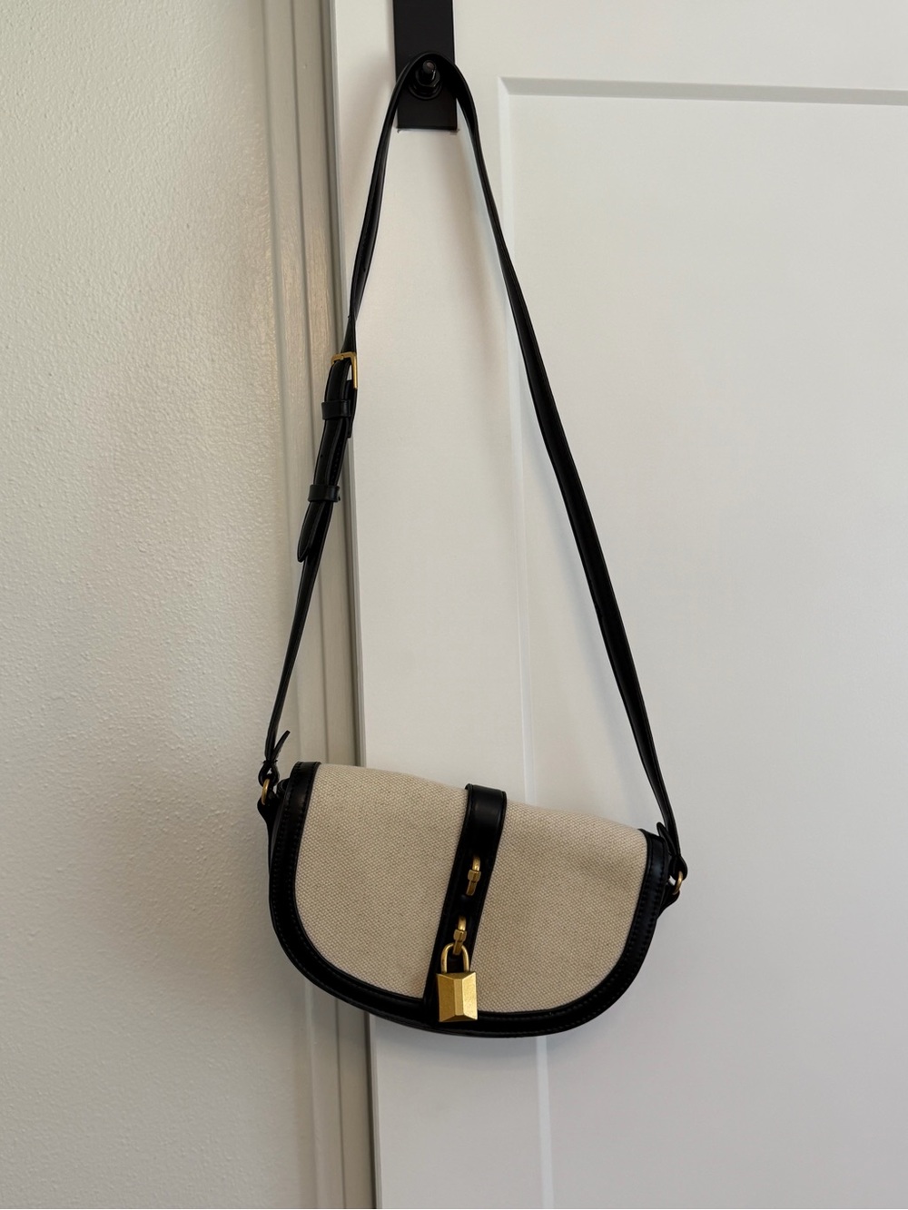 ZARA Canvas and Black Leather Crossbody Bag with Gold Accent